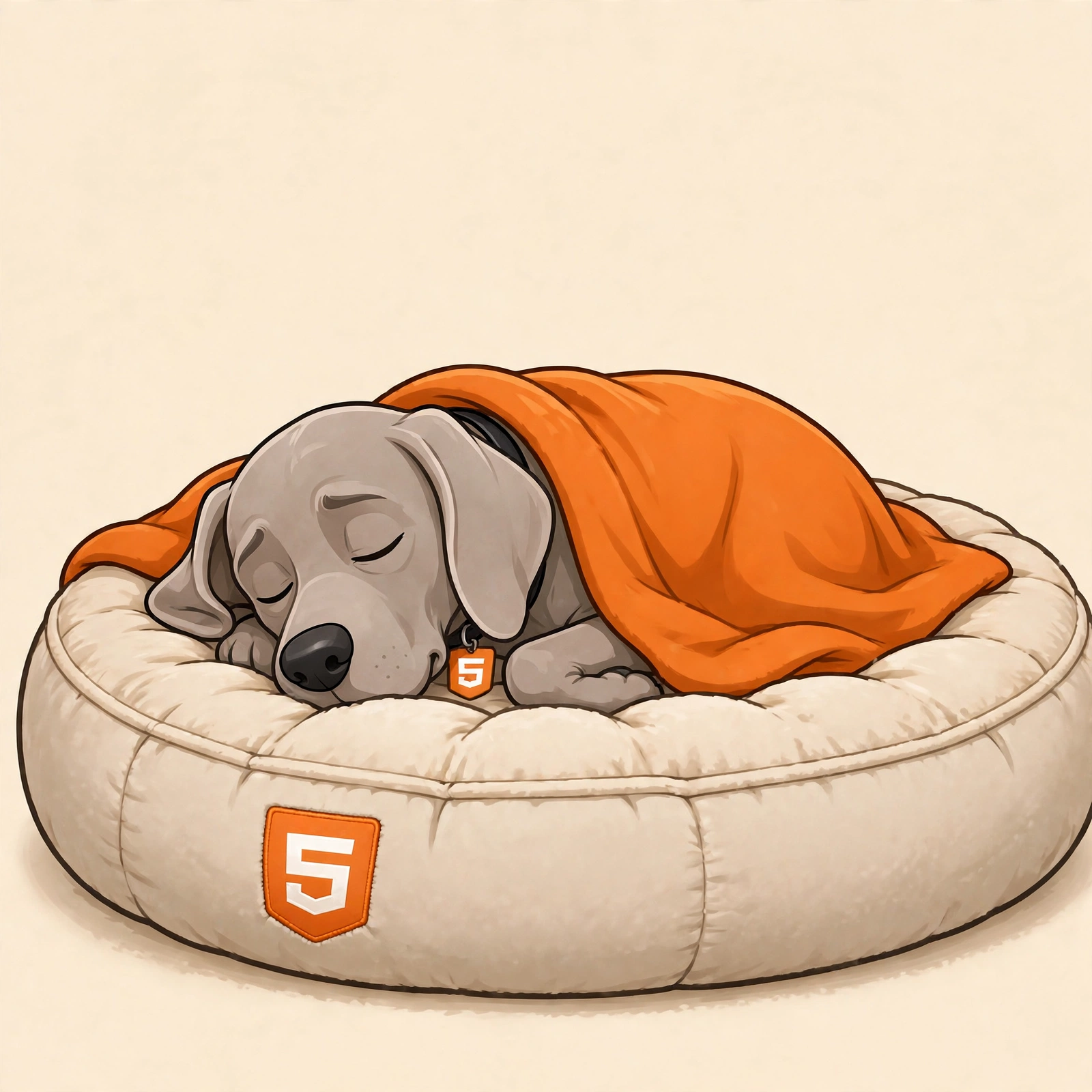 A cartoon Weimaraner asleep on a plush round dog bed, tucked under an orange cape like a blanket. An HTML5 shield is embroidered on the bed, and a matching HTML5 tag hangs from his collar